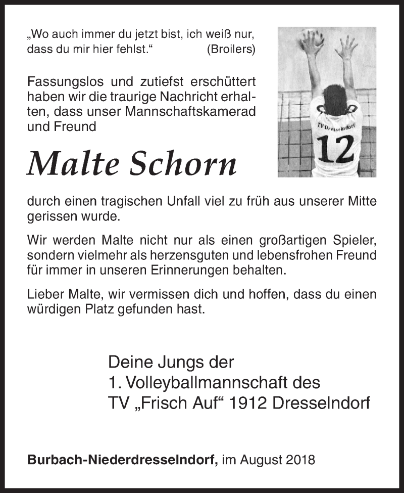  Traueranzeige für Malte Schorn vom 29.08.2018 aus Siegener Zeitung