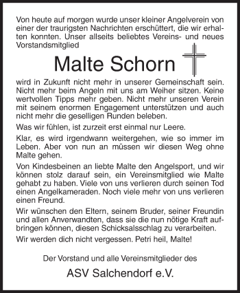 Traueranzeige von Malte Schorn von Siegener Zeitung