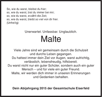 Traueranzeige von Malte Schorn von Siegener Zeitung