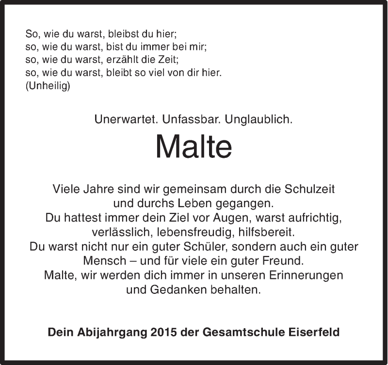  Traueranzeige für Malte Schorn vom 29.08.2018 aus Siegener Zeitung