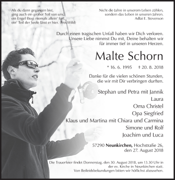 Traueranzeige von Malte Schorn von Siegener Zeitung