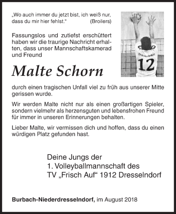 Traueranzeige von Malte Schorn von Siegener Zeitung
