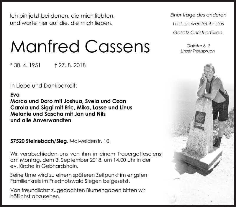  Traueranzeige für Manfred Cassens vom 31.08.2018 aus Siegener Zeitung