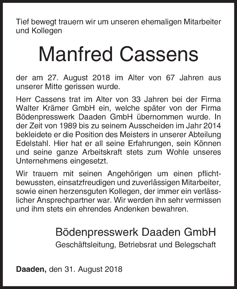 Traueranzeige für Manfred Cassens vom 31.08.2018 aus Siegener Zeitung