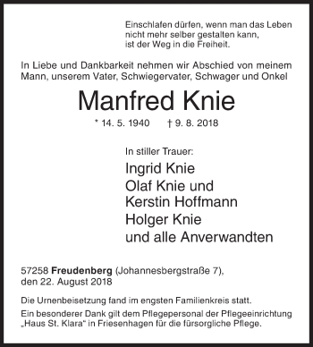 Traueranzeige von Manfred Knie von Siegener Zeitung