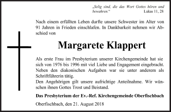 Traueranzeige von Margarete Klappert von Siegener Zeitung