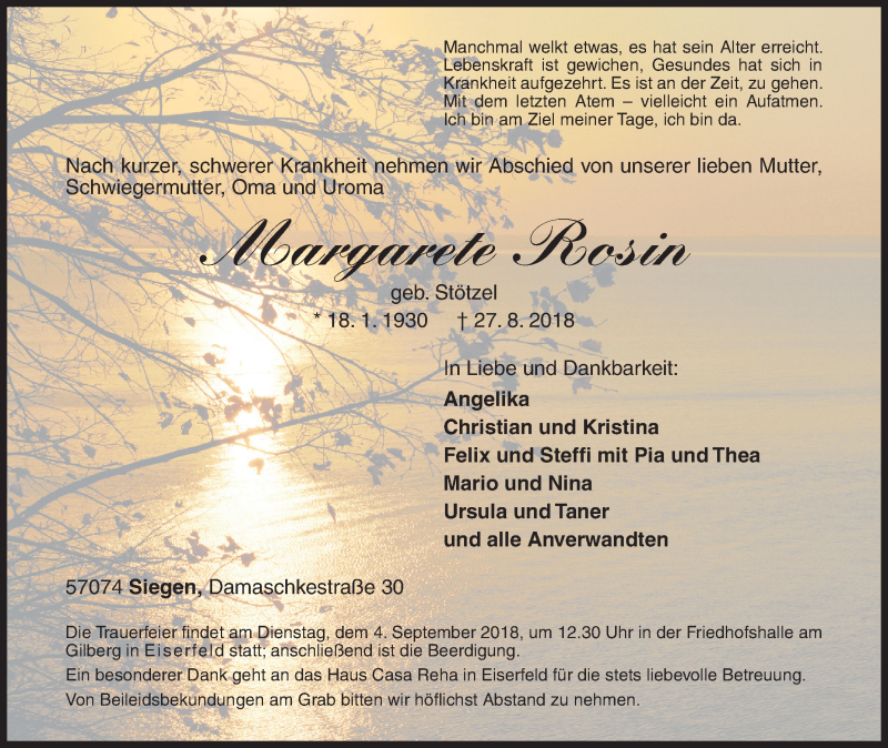  Traueranzeige für Margarete Rosin vom 30.08.2018 aus Siegener Zeitung