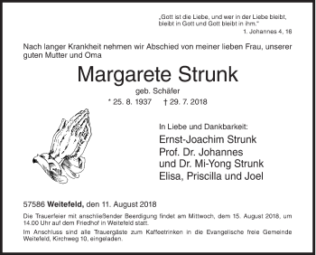 Traueranzeige von Margarete Strunk von Siegener Zeitung