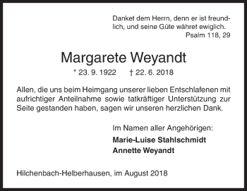 Traueranzeige von Margarete Weyandt von Siegener Zeitung