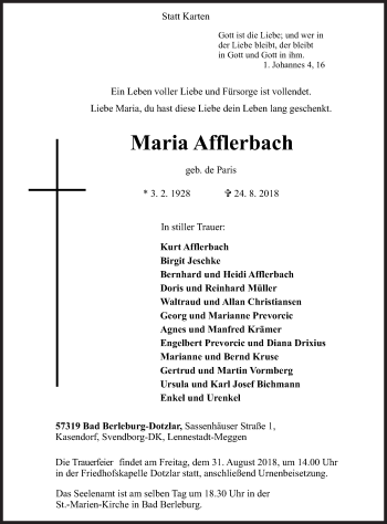 Traueranzeige von Maria Afflerbach von Siegener Zeitung