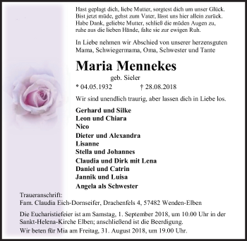 Traueranzeige von Maria Mennekes von Siegener Zeitung