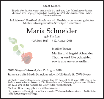 Traueranzeige von Maria Schneider von Siegener Zeitung