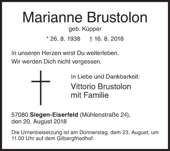 Traueranzeige von Marianne Brustolon von Siegener Zeitung