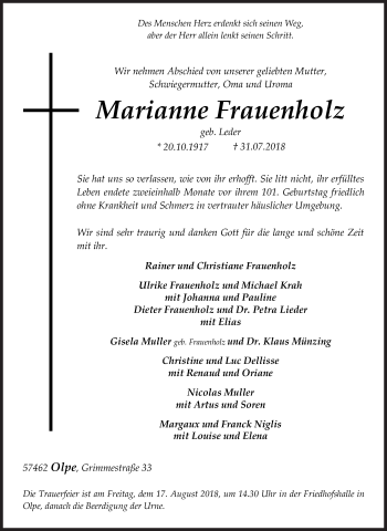 Traueranzeige von Marianne Frauenholz von Siegener Zeitung