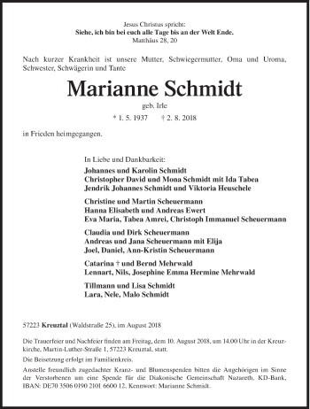 Traueranzeige von Marianne Schmidt von Siegener Zeitung