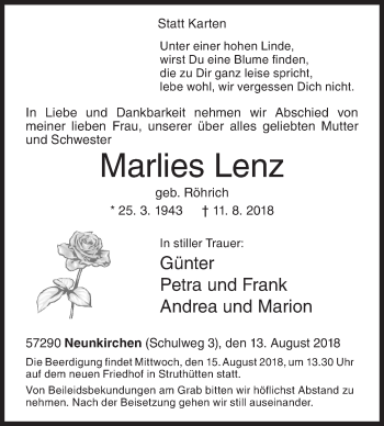Traueranzeige von Marlies Lenz von Siegener Zeitung