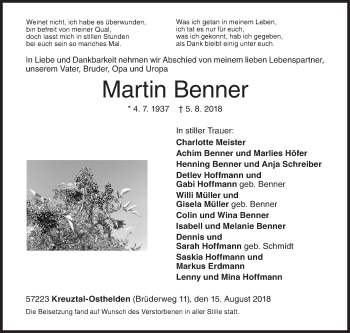 Traueranzeige von Martin Benner von Siegener Zeitung