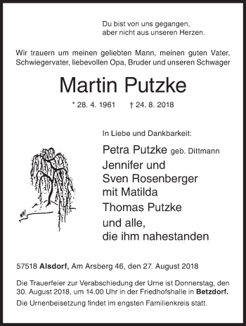 Traueranzeige von Martin Putzke von Siegener Zeitung