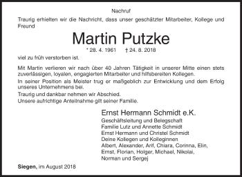 Traueranzeige von Martin Putzke von Siegener Zeitung