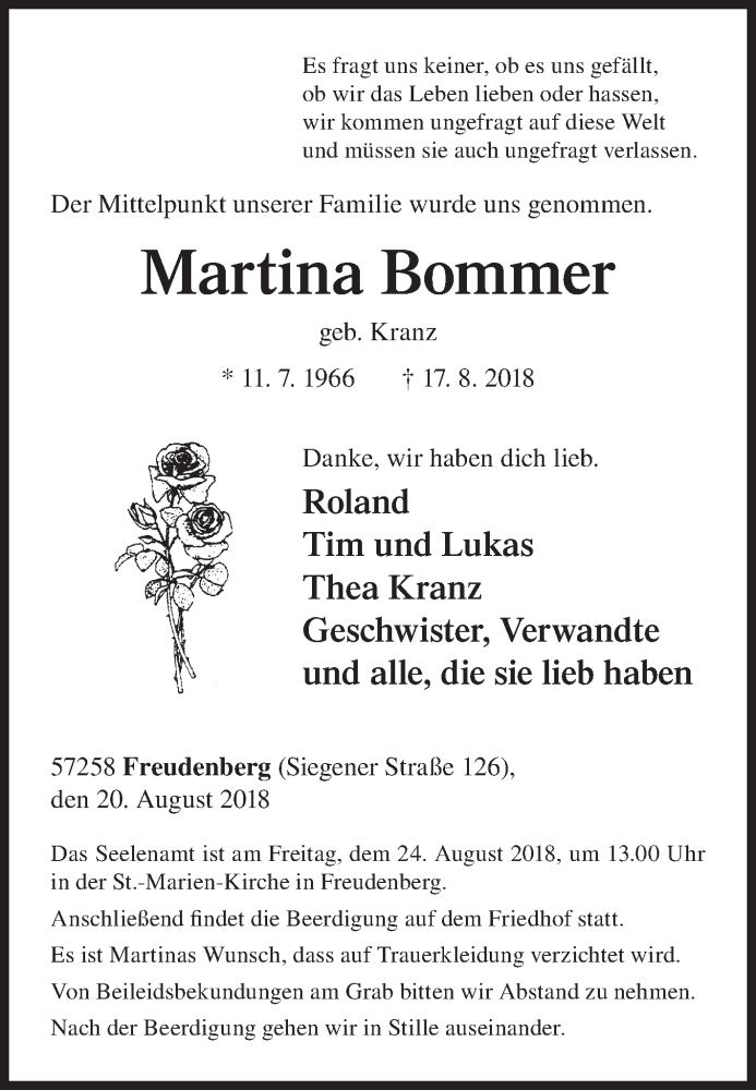  Traueranzeige für Martina Bommer vom 20.08.2018 aus Siegener Zeitung