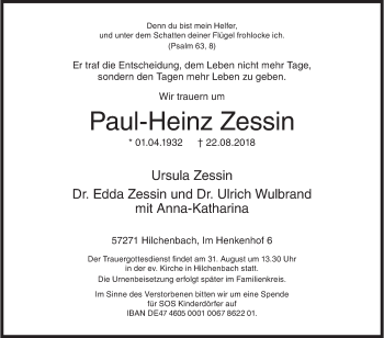 Traueranzeige von Paul-Heinz Zessin von Siegener Zeitung