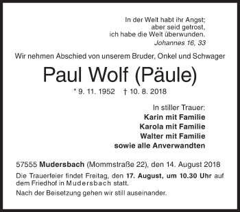 Traueranzeige von Paul Wolf von Siegener Zeitung
