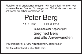 Traueranzeige von Peter Berg von Siegener Zeitung