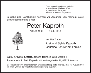 Traueranzeige von Peter Kaproth von Siegener Zeitung