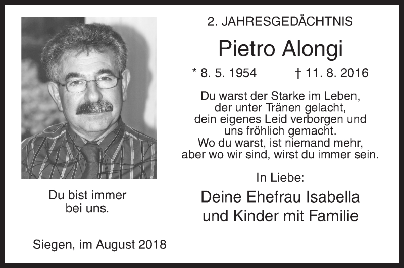  Traueranzeige für Pietro Alongi vom 11.08.2018 aus Siegener Zeitung