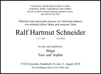 Traueranzeige von Ralf Hartmut Schneider von Siegener Zeitung