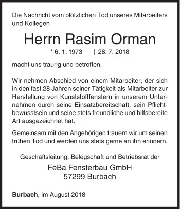 Traueranzeige von Rasim Orman von Siegener Zeitung
