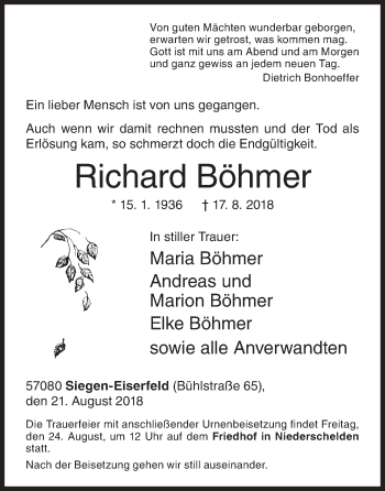 Traueranzeige von Richard Böhmer von Siegener Zeitung