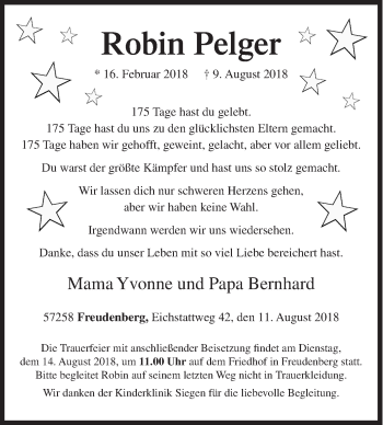Traueranzeige von Robin Pelger von Siegener Zeitung