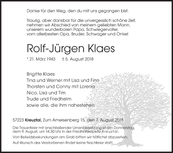 Traueranzeige von Rolf-Jürgen Klaes von Siegener Zeitung