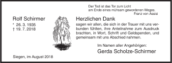 Traueranzeige von Rolf Schirmer von Siegener Zeitung