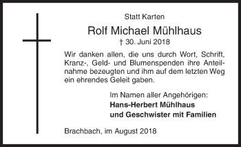 Traueranzeige von Rolf Michael Mühlhaus von Siegener Zeitung