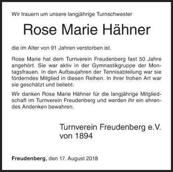 Traueranzeige von Rose Marie Hähner von Siegener Zeitung