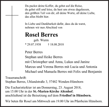 Traueranzeige von Rosel Berres von Siegener Zeitung