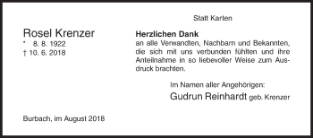 Traueranzeige von Rosel Krenzer von Siegener Zeitung