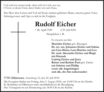 Traueranzeige von Rudolf Eicher von Siegener Zeitung