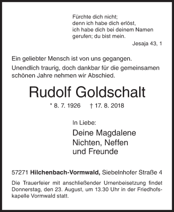 Traueranzeige von Rudolf Goldschalt von Siegener Zeitung