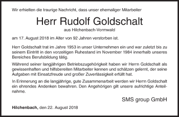 Traueranzeige von Rudolf Goldschalt von Siegener Zeitung