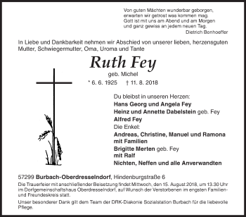Traueranzeige von Ruth Fey von Siegener Zeitung