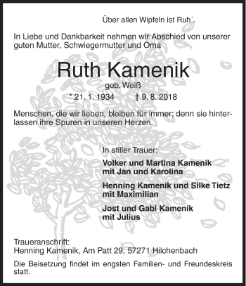 Traueranzeige von Ruth Kamenik von Siegener Zeitung