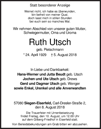 Traueranzeige von Ruth Utsch von Siegener Zeitung