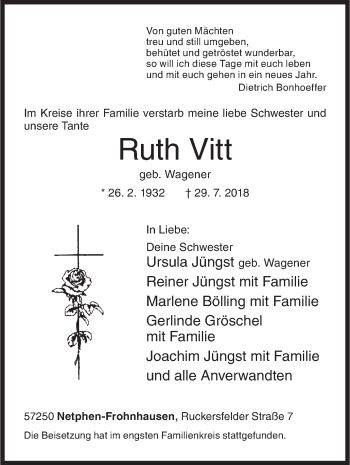 Traueranzeige von Ruth Vitt von Siegener Zeitung