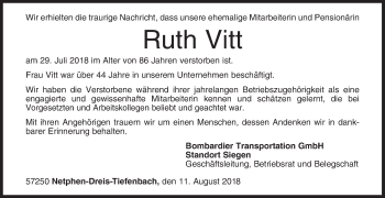 Traueranzeige von Ruth Vitt von Siegener Zeitung