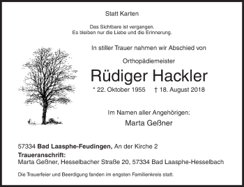 Traueranzeige von Rüdiger Hackler von Siegener Zeitung