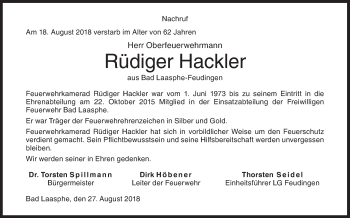 Traueranzeige von Rüdiger Hackler von Siegener Zeitung