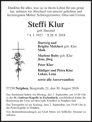 Traueranzeige von Steffi Klur von Siegener Zeitung
